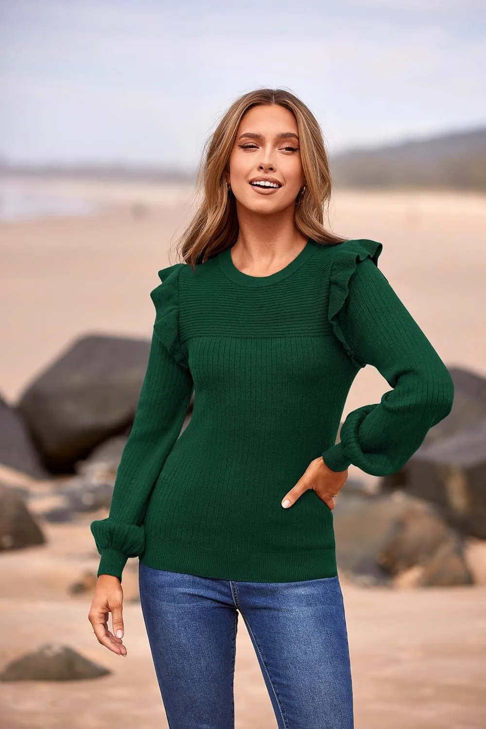 PRETTYGARDEN Women's Ruffle Shoulder Long Sleeve Sweaters Crew Neck Lightweight Sweater 2025 Fall Ribbed Knit Pullover Tops