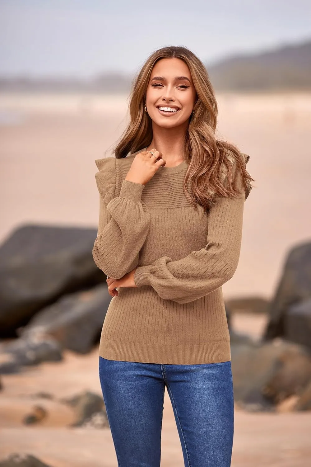 PRETTYGARDEN Women's Ruffle Shoulder Long Sleeve Sweaters Crew Neck Lightweight Sweater 2025 Fall Ribbed Knit Pullover Tops