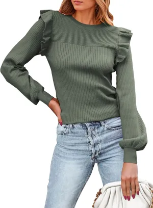 PRETTYGARDEN Women's Ruffle Shoulder Long Sleeve Sweaters Crew Neck Lightweight Sweater 2025 Fall Ribbed Knit Pullover Tops