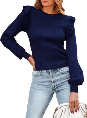 PRETTYGARDEN Women's Ruffle Shoulder Long Sleeve Sweaters Crew Neck Lightweight Sweater 2025 Fall Ribbed Knit Pullover Tops