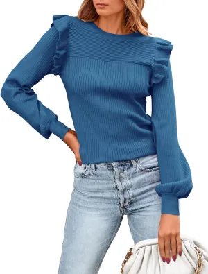 PRETTYGARDEN Women's Ruffle Shoulder Long Sleeve Sweaters Crew Neck Lightweight Sweater 2025 Fall Ribbed Knit Pullover Tops