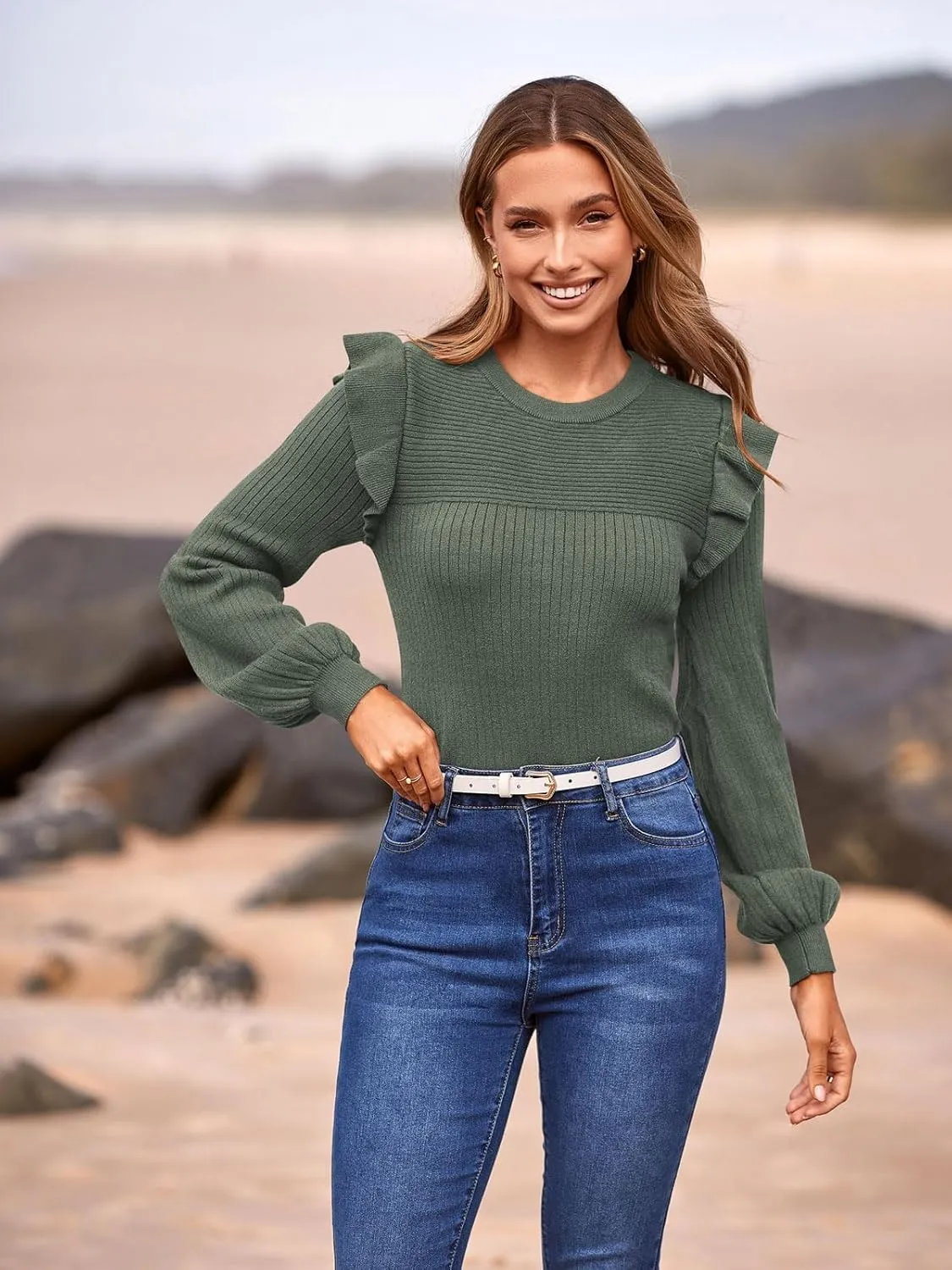 PRETTYGARDEN Women's Ruffle Shoulder Long Sleeve Sweaters Crew Neck Lightweight Sweater 2025 Fall Ribbed Knit Pullover Tops