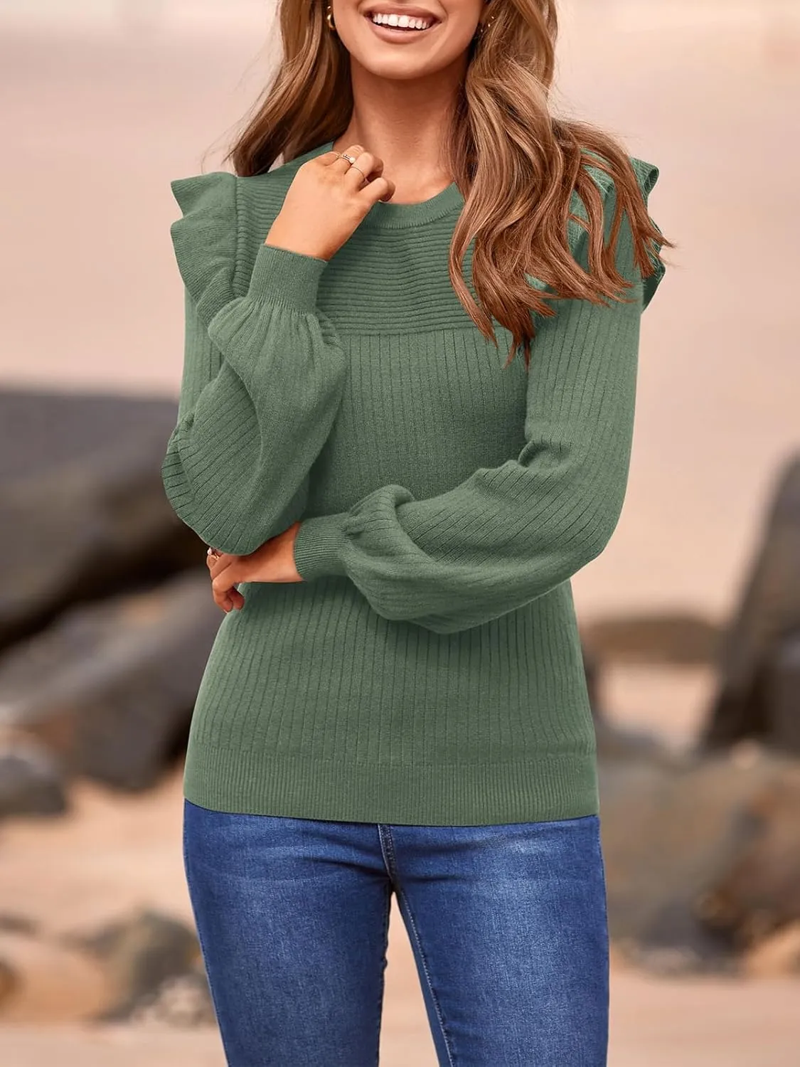PRETTYGARDEN Women's Ruffle Shoulder Long Sleeve Sweaters Crew Neck Lightweight Sweater 2025 Fall Ribbed Knit Pullover Tops