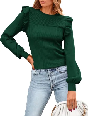 PRETTYGARDEN Women's Ruffle Shoulder Long Sleeve Sweaters Crew Neck Lightweight Sweater 2025 Fall Ribbed Knit Pullover Tops