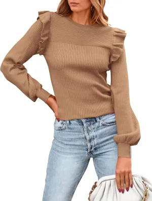 PRETTYGARDEN Women's Ruffle Shoulder Long Sleeve Sweaters Crew Neck Lightweight Sweater 2025 Fall Ribbed Knit Pullover Tops