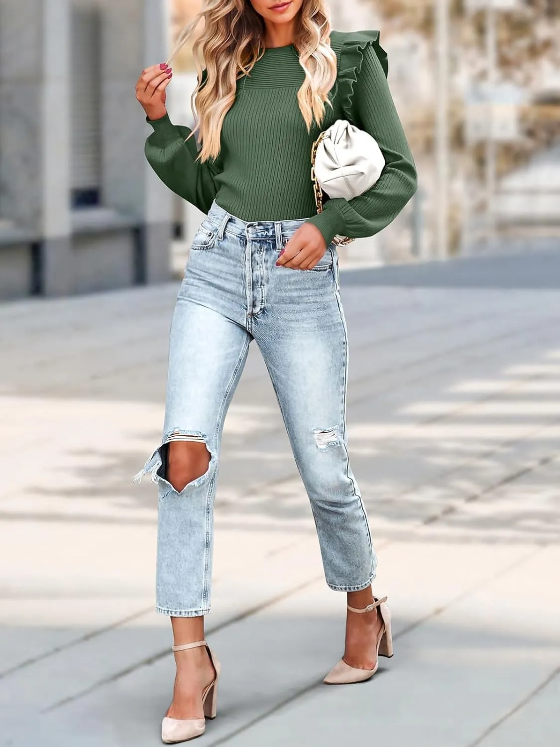 PRETTYGARDEN Women's Ruffle Shoulder Long Sleeve Sweaters Crew Neck Lightweight Sweater 2025 Fall Ribbed Knit Pullover Tops
