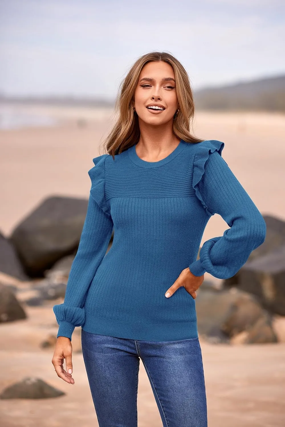 PRETTYGARDEN Women's Ruffle Shoulder Long Sleeve Sweaters Crew Neck Lightweight Sweater 2025 Fall Ribbed Knit Pullover Tops