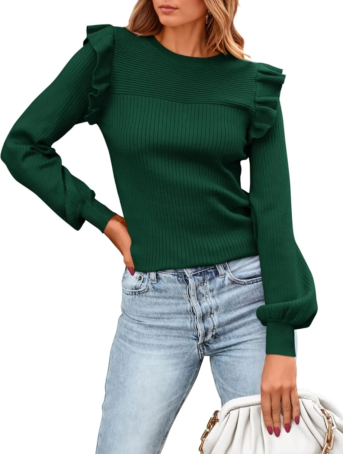 PRETTYGARDEN Women's Ruffle Shoulder Long Sleeve Sweaters Crew Neck Lightweight Sweater 2025 Fall Ribbed Knit Pullover Tops