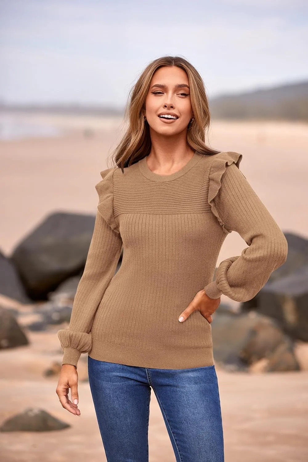 PRETTYGARDEN Women's Ruffle Shoulder Long Sleeve Sweaters Crew Neck Lightweight Sweater 2025 Fall Ribbed Knit Pullover Tops