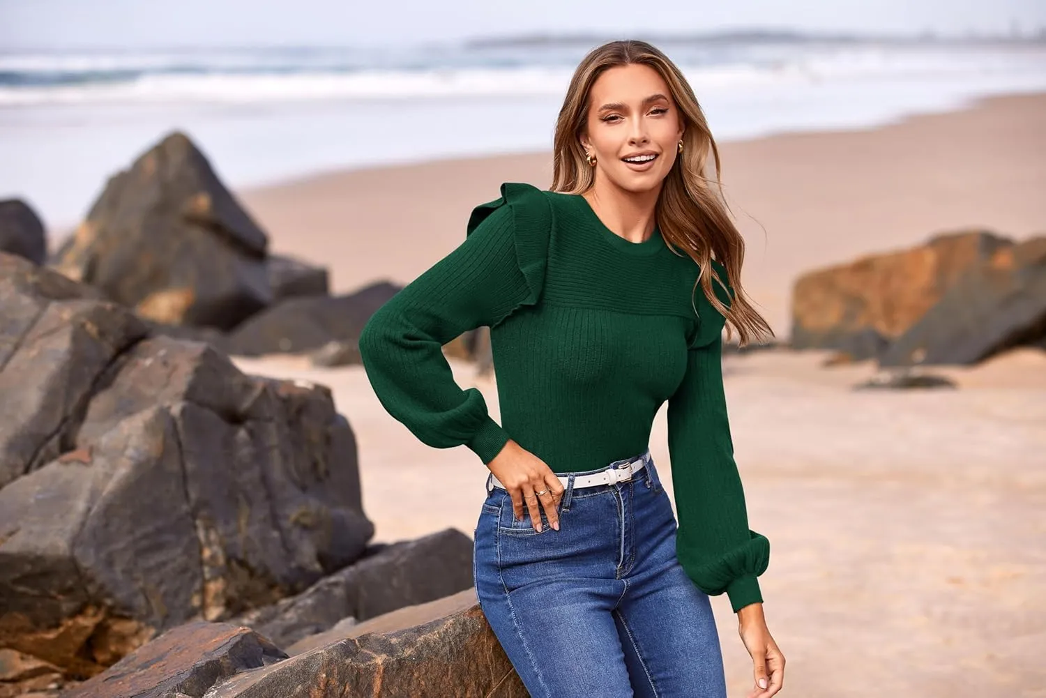 PRETTYGARDEN Women's Ruffle Shoulder Long Sleeve Sweaters Crew Neck Lightweight Sweater 2025 Fall Ribbed Knit Pullover Tops