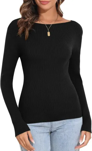 PrettyGuide Women's Long Sleeve Boat Neck Sweater Slim Fit Vintage Ribbed Knit Fall Pullover Tops