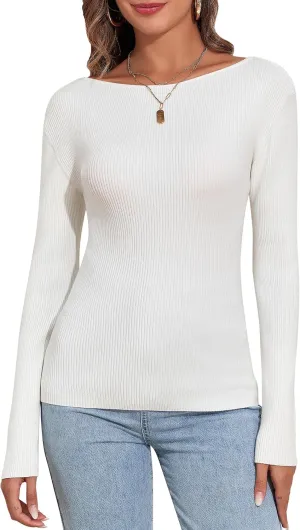 PrettyGuide Women's Long Sleeve Boat Neck Sweater Slim Fit Vintage Ribbed Knit Fall Pullover Tops