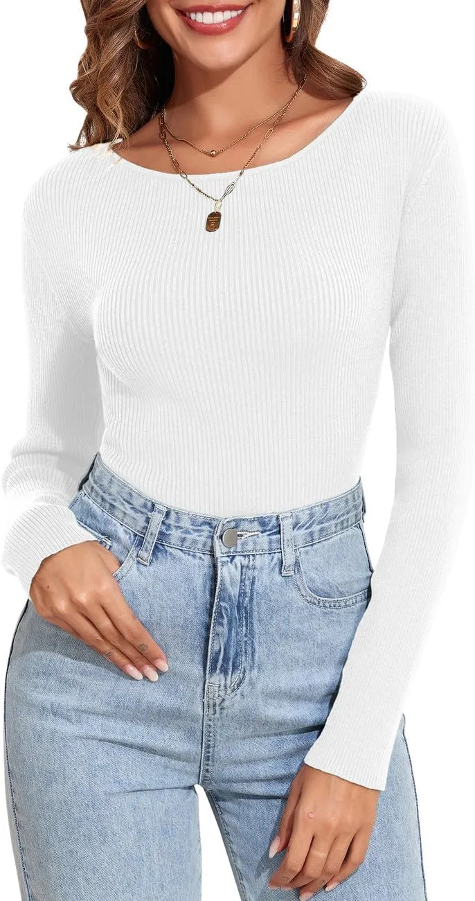 PrettyGuide Women's Long Sleeve Boat Neck Sweater Slim Fit Vintage Ribbed Knit Fall Pullover Tops