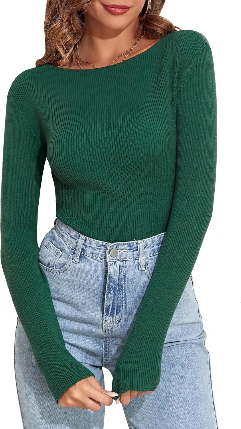 PrettyGuide Women's Long Sleeve Boat Neck Sweater Slim Fit Vintage Ribbed Knit Fall Pullover Tops