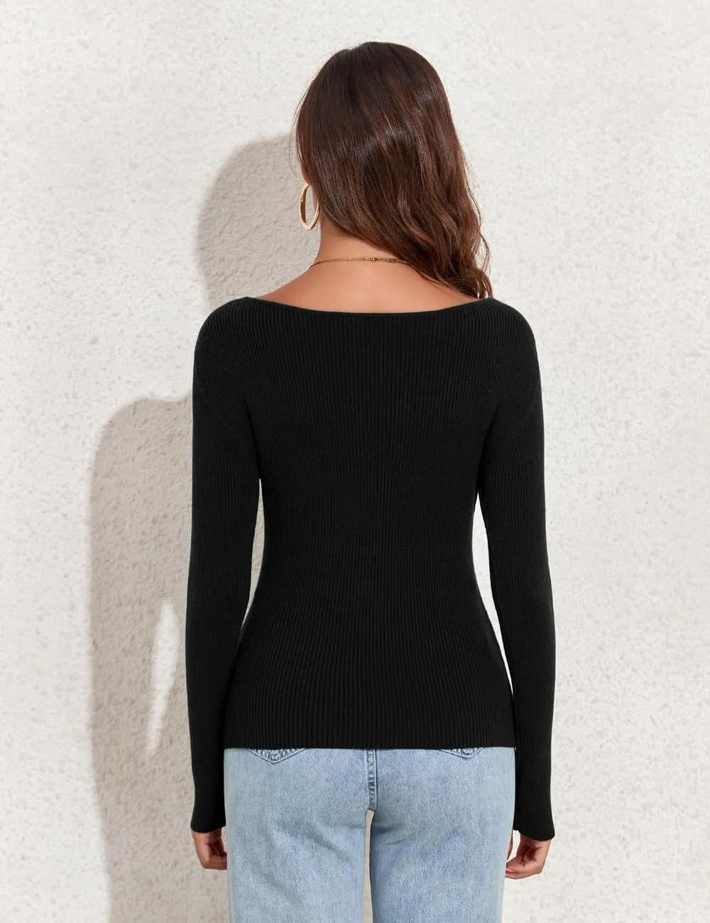 PrettyGuide Women's Long Sleeve Boat Neck Sweater Slim Fit Vintage Ribbed Knit Fall Pullover Tops