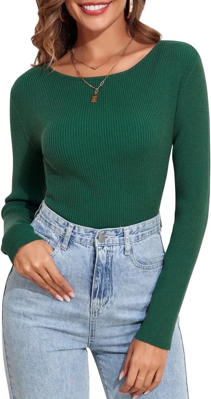 PrettyGuide Women's Long Sleeve Boat Neck Sweater Slim Fit Vintage Ribbed Knit Fall Pullover Tops