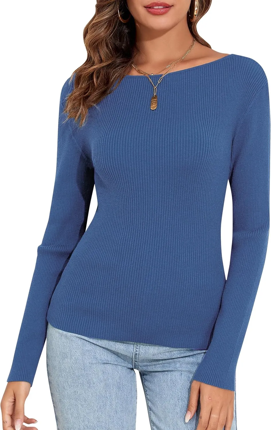 PrettyGuide Women's Long Sleeve Boat Neck Sweater Slim Fit Vintage Ribbed Knit Fall Pullover Tops