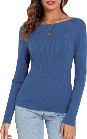 PrettyGuide Women's Long Sleeve Boat Neck Sweater Slim Fit Vintage Ribbed Knit Fall Pullover Tops