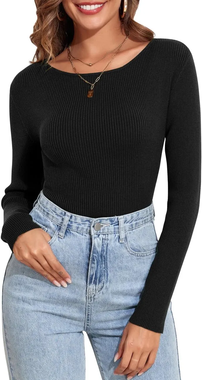 PrettyGuide Women's Long Sleeve Boat Neck Sweater Slim Fit Vintage Ribbed Knit Fall Pullover Tops