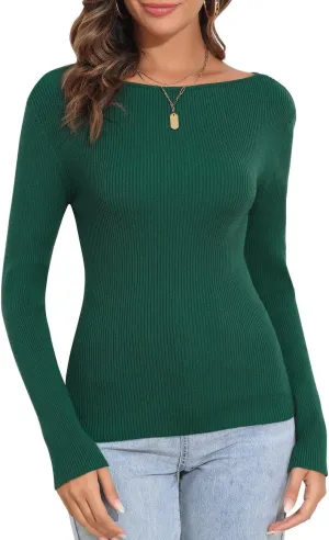 PrettyGuide Women's Long Sleeve Boat Neck Sweater Slim Fit Vintage Ribbed Knit Fall Pullover Tops