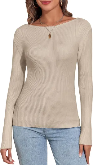 PrettyGuide Women's Long Sleeve Boat Neck Sweater Slim Fit Vintage Ribbed Knit Fall Pullover Tops