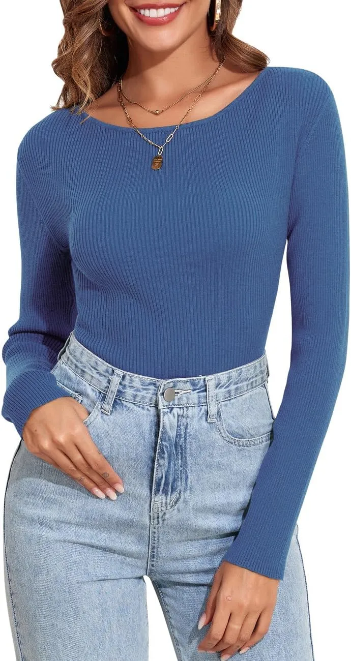 PrettyGuide Women's Long Sleeve Boat Neck Sweater Slim Fit Vintage Ribbed Knit Fall Pullover Tops