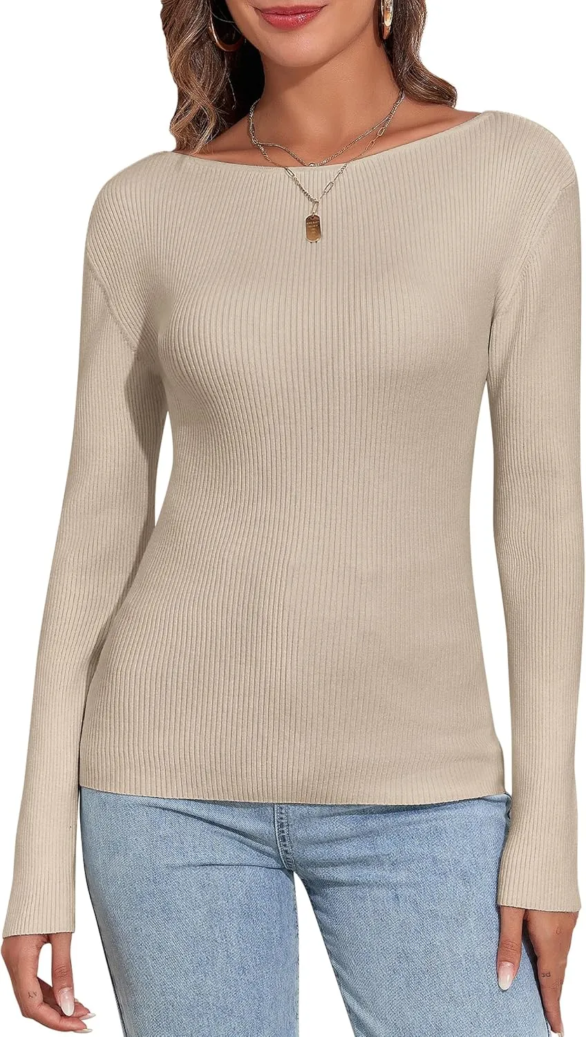 PrettyGuide Women's Long Sleeve Boat Neck Sweater Slim Fit Vintage Ribbed Knit Fall Pullover Tops