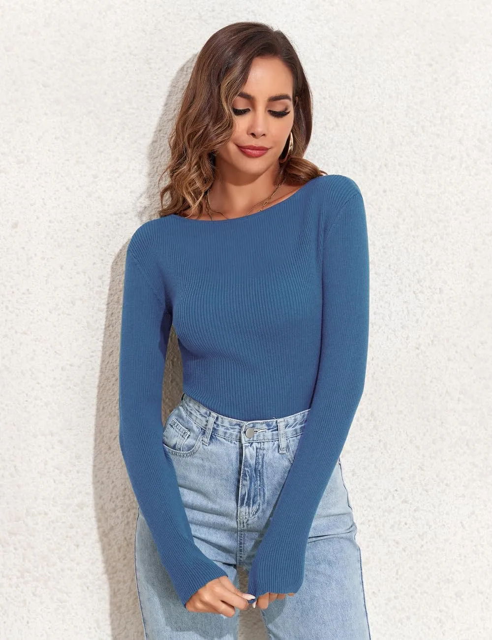 PrettyGuide Women's Long Sleeve Boat Neck Sweater Slim Fit Vintage Ribbed Knit Fall Pullover Tops