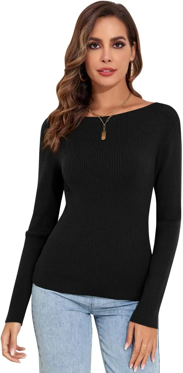 PrettyGuide Women's Long Sleeve Boat Neck Sweater Slim Fit Vintage Ribbed Knit Fall Pullover Tops