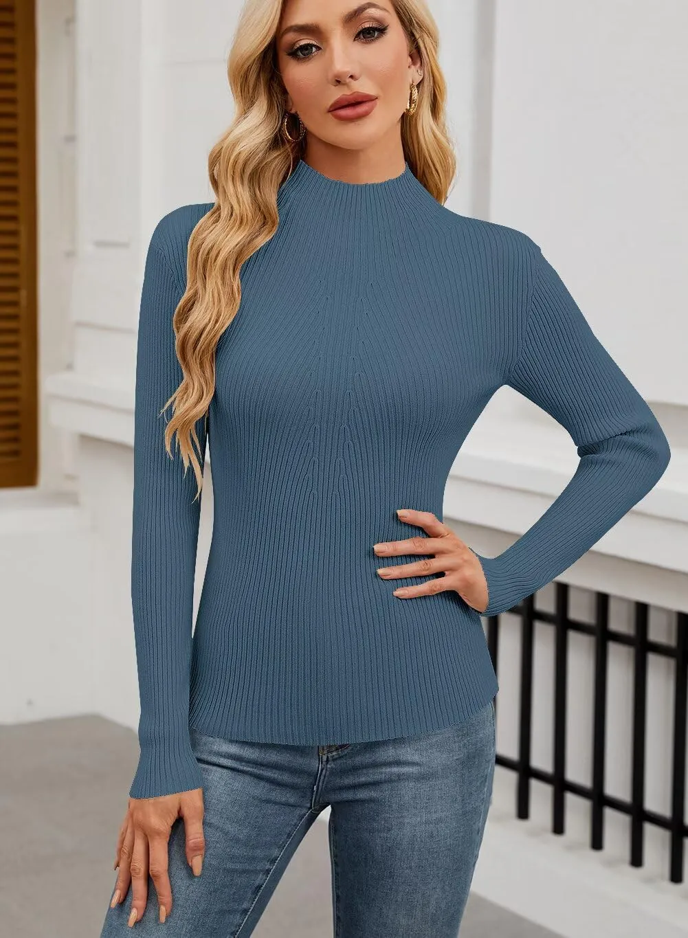 QACOHU Turtleneck Ribbed Sweaters for Women Cute Sexy Knitted Warm Fitted Sweaters Tops
