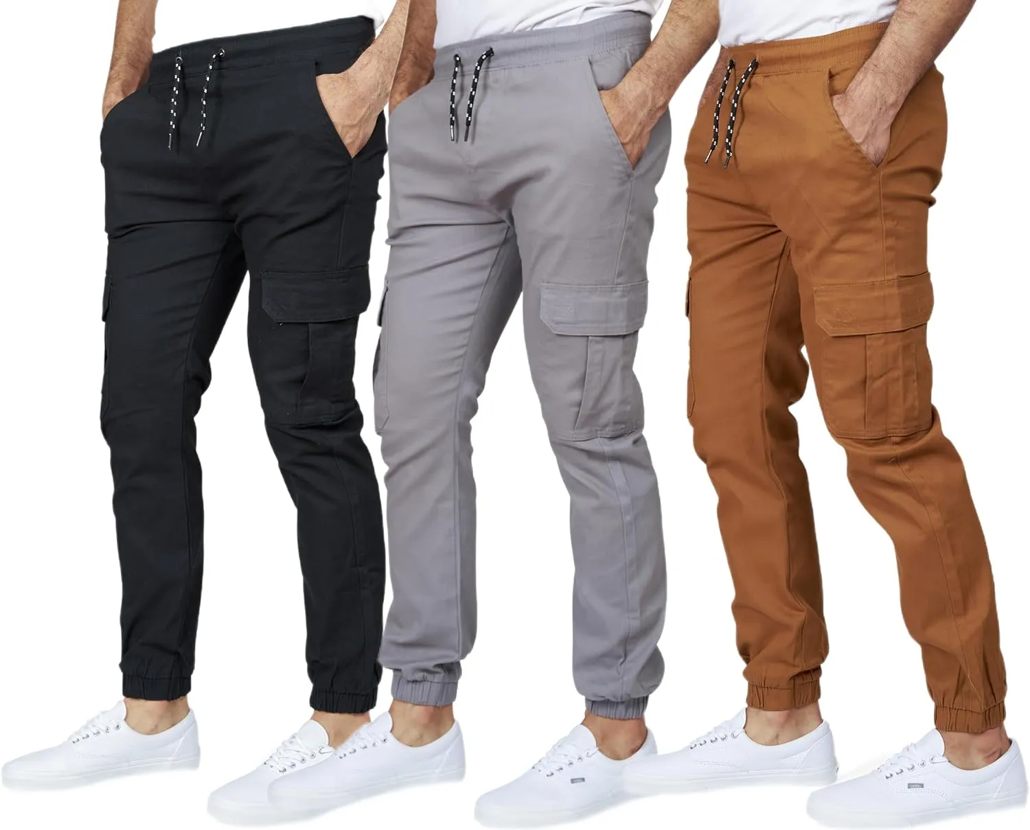 RGSTR 3 Pack Cargo Pants for Men - Relaxed Fit Twill Joggers with Elastic Waistband and Stretch Fabric - Casual Wear