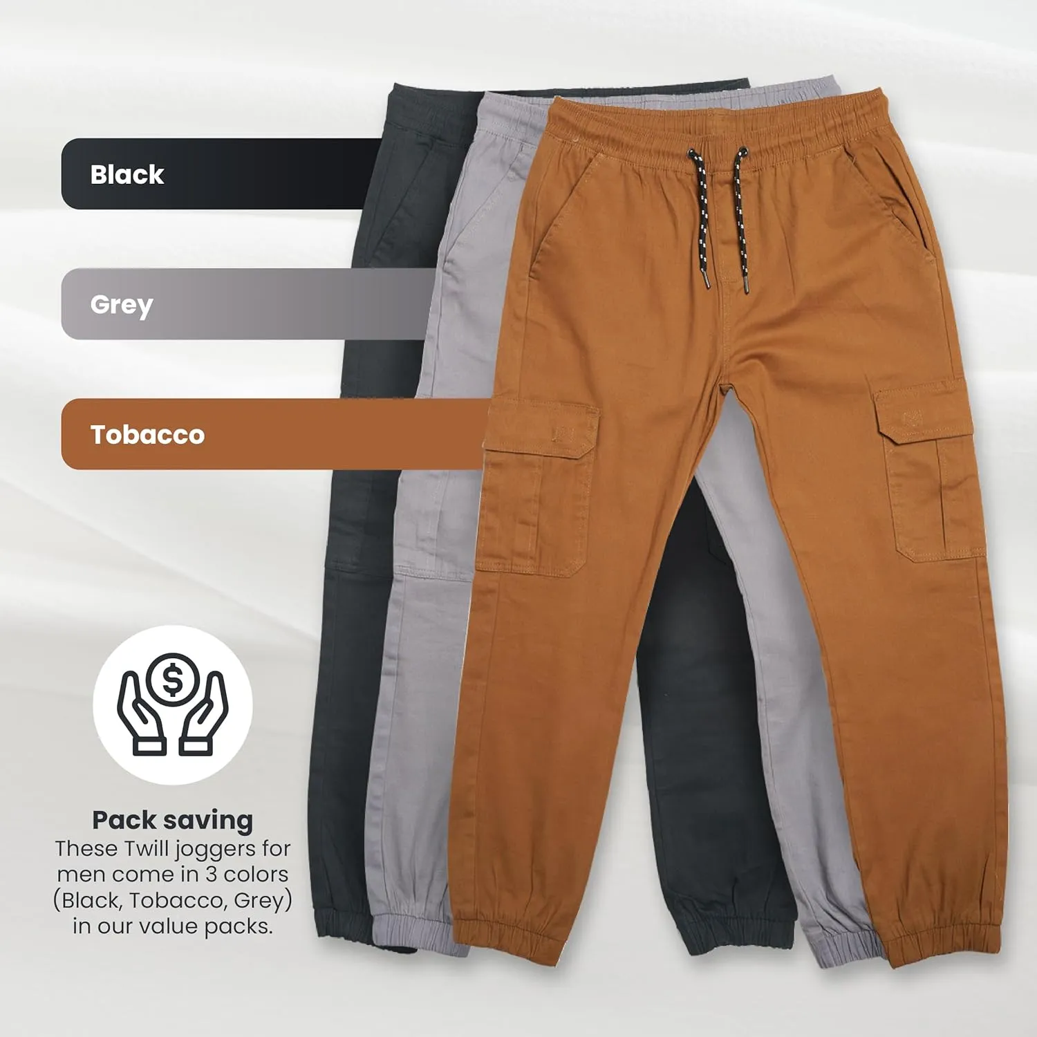 RGSTR 3 Pack Cargo Pants for Men - Relaxed Fit Twill Joggers with Elastic Waistband and Stretch Fabric - Casual Wear