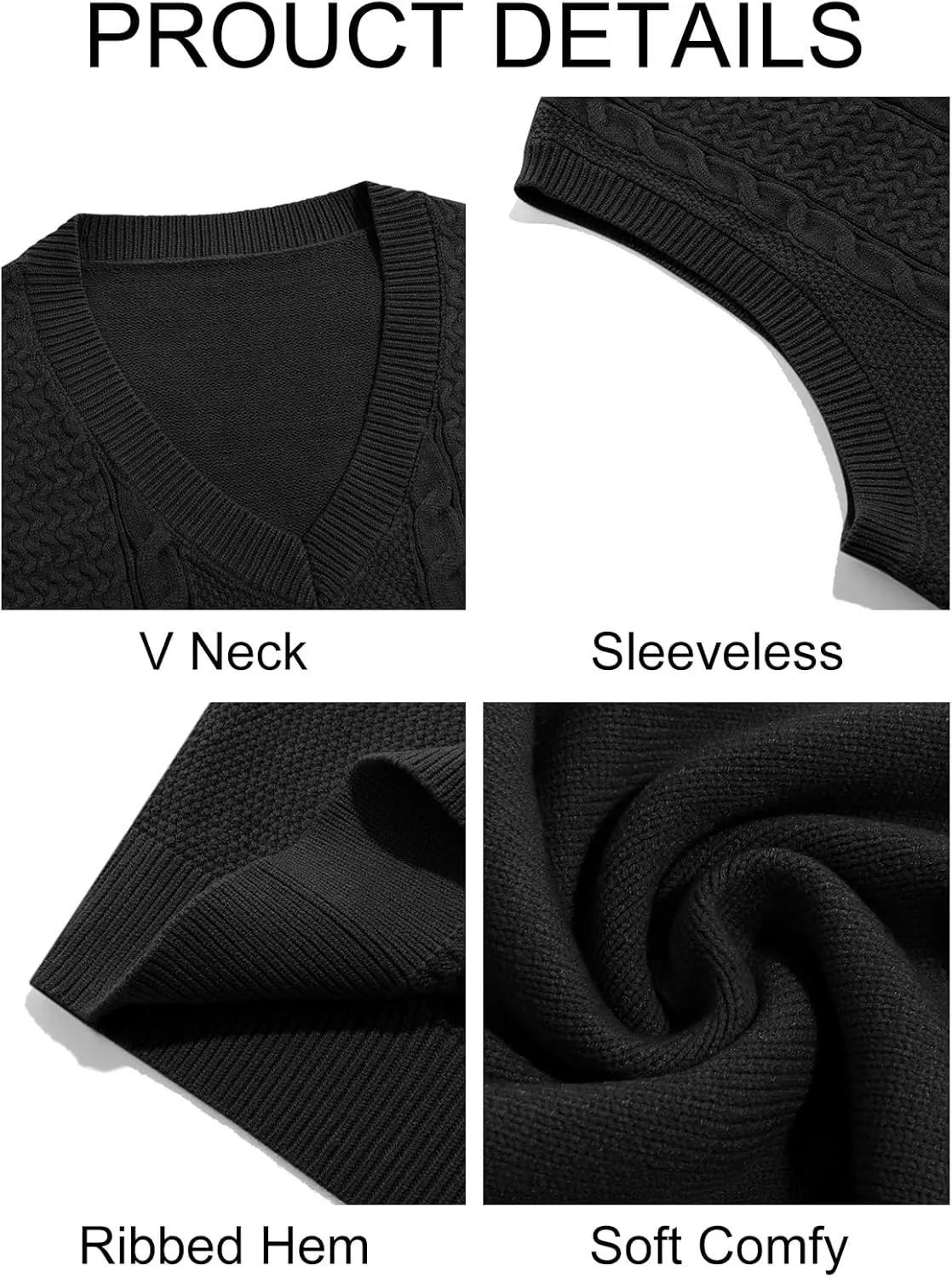 Runcati Mens V Neck Sweater Vest Casual Cable Knitted Pullover Knitwear Slim Fit Sleeveless Sweaters