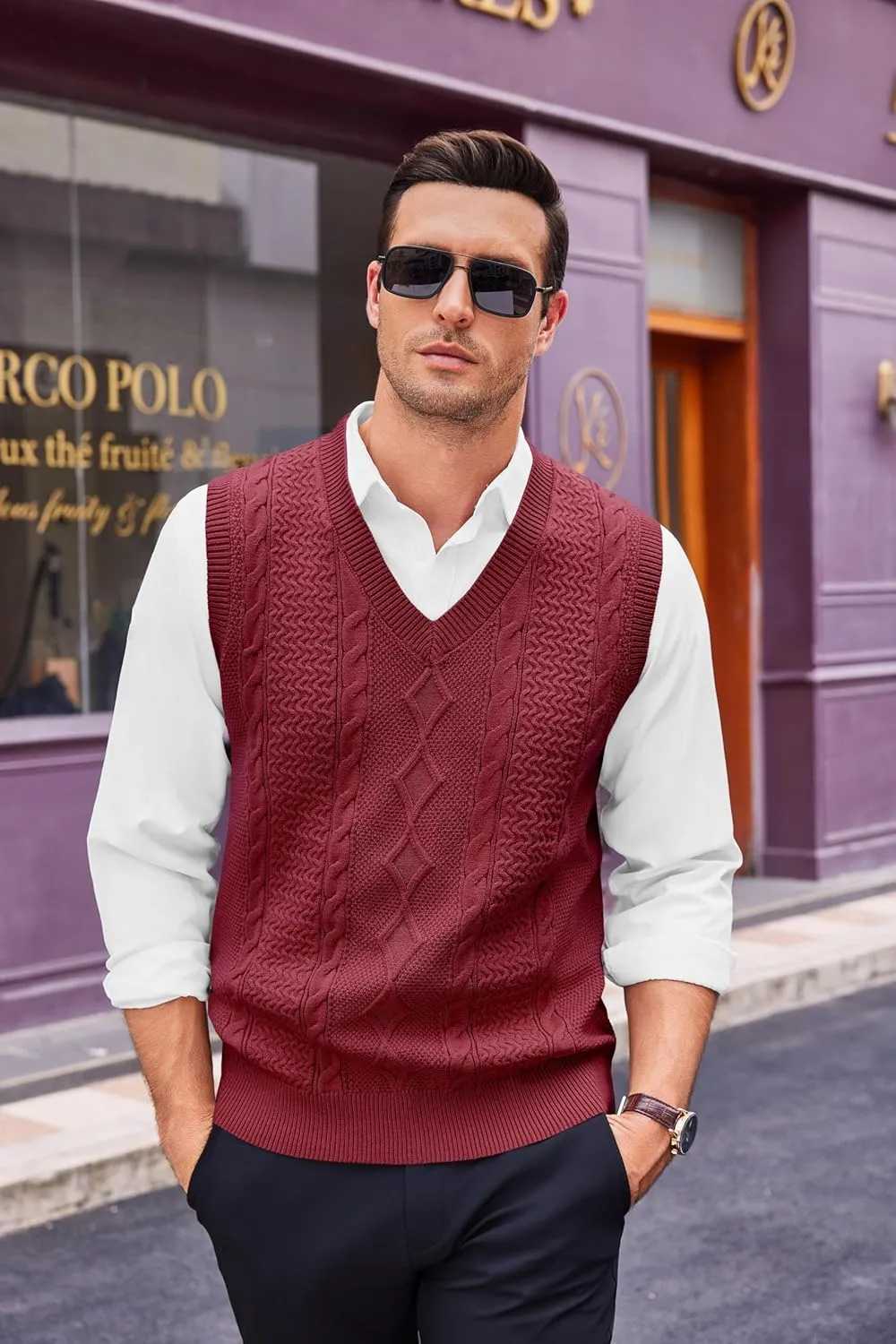 Runcati Mens V Neck Sweater Vest Casual Cable Knitted Pullover Knitwear Slim Fit Sleeveless Sweaters