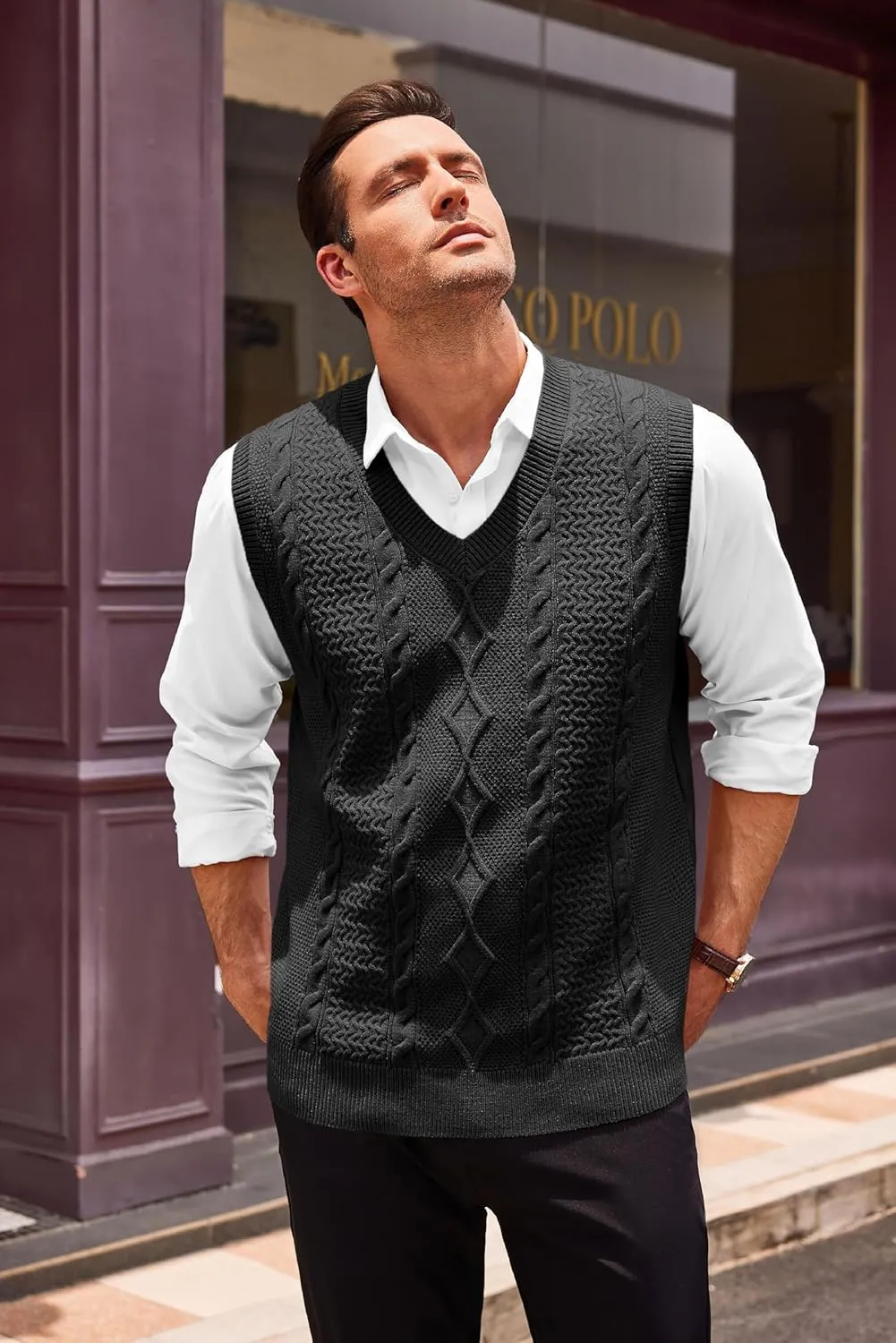 Runcati Mens V Neck Sweater Vest Casual Cable Knitted Pullover Knitwear Slim Fit Sleeveless Sweaters