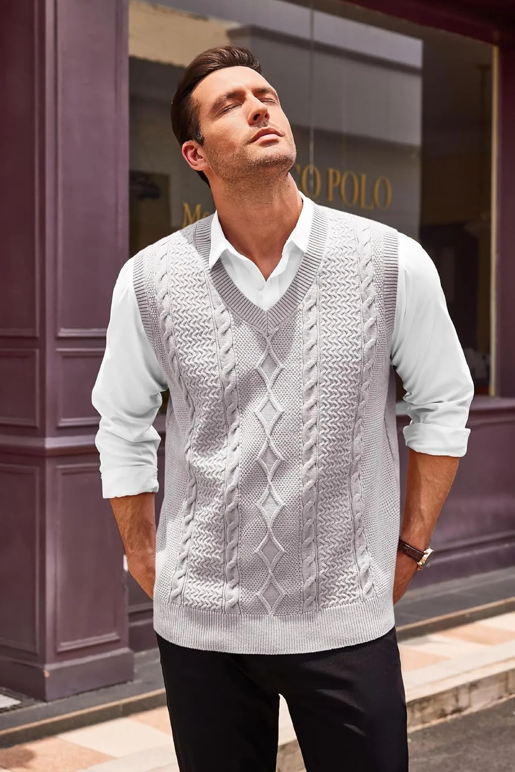 Runcati Mens V Neck Sweater Vest Casual Cable Knitted Pullover Knitwear Slim Fit Sleeveless Sweaters