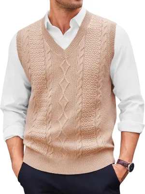 Runcati Mens V Neck Sweater Vest Casual Cable Knitted Pullover Knitwear Slim Fit Sleeveless Sweaters
