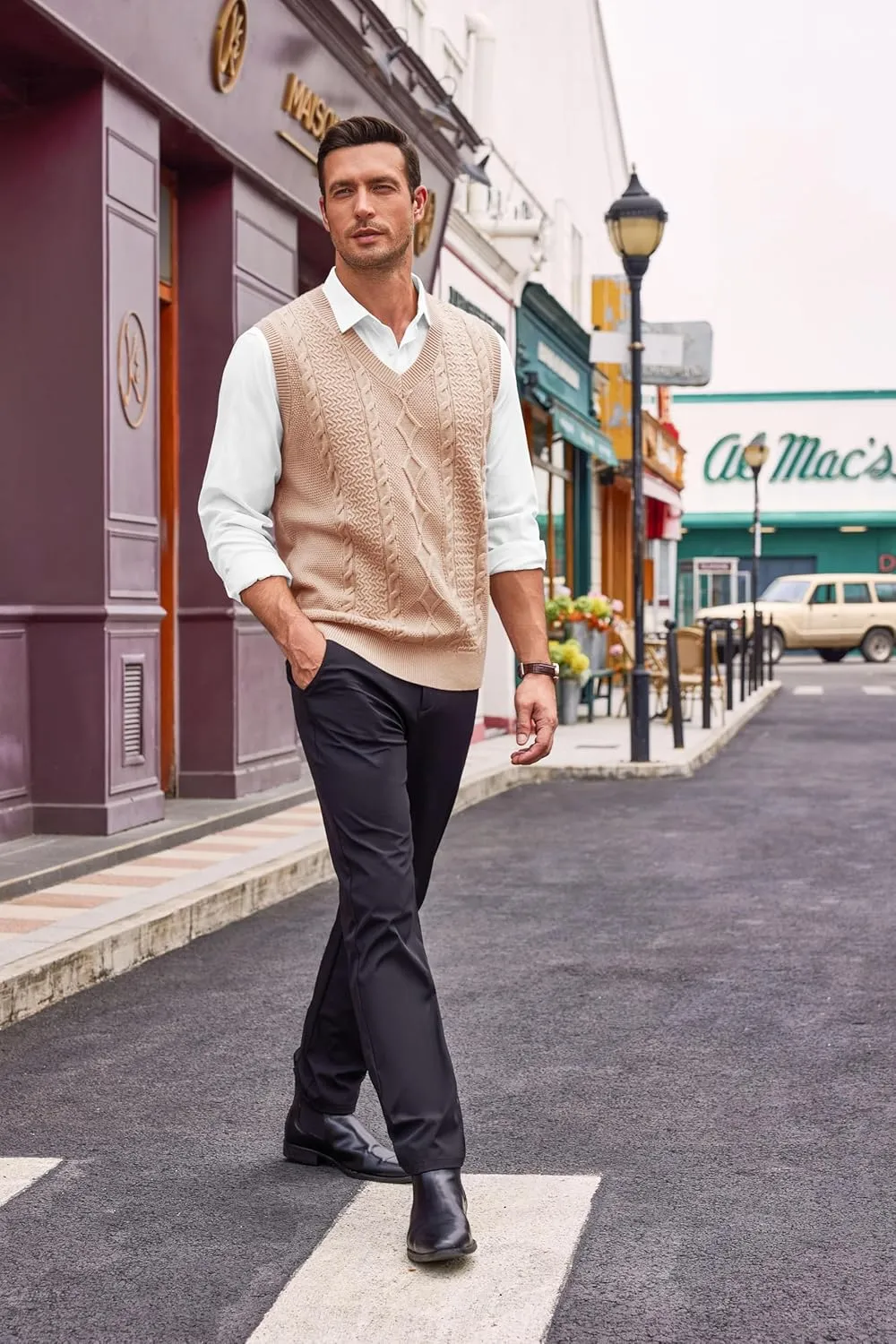 Runcati Mens V Neck Sweater Vest Casual Cable Knitted Pullover Knitwear Slim Fit Sleeveless Sweaters