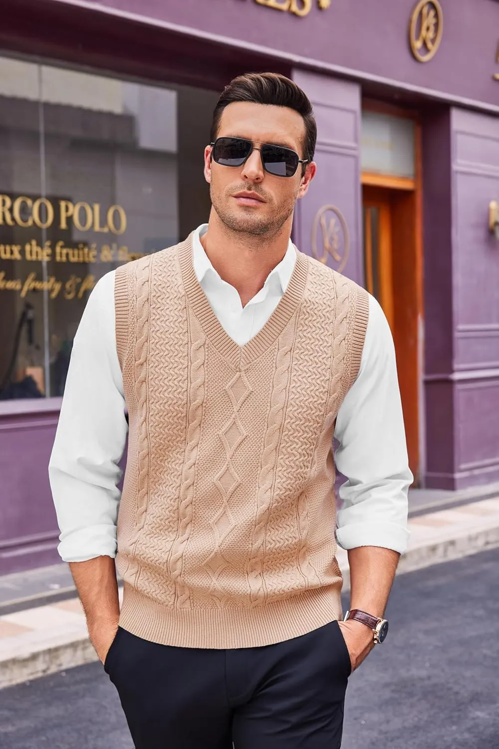 Runcati Mens V Neck Sweater Vest Casual Cable Knitted Pullover Knitwear Slim Fit Sleeveless Sweaters