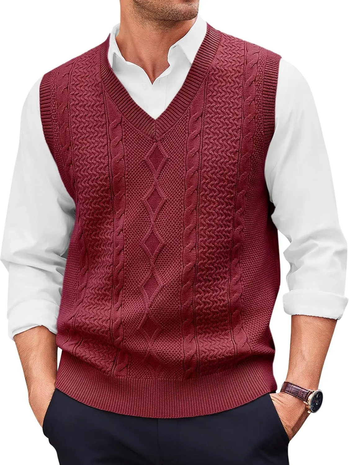 Runcati Mens V Neck Sweater Vest Casual Cable Knitted Pullover Knitwear Slim Fit Sleeveless Sweaters