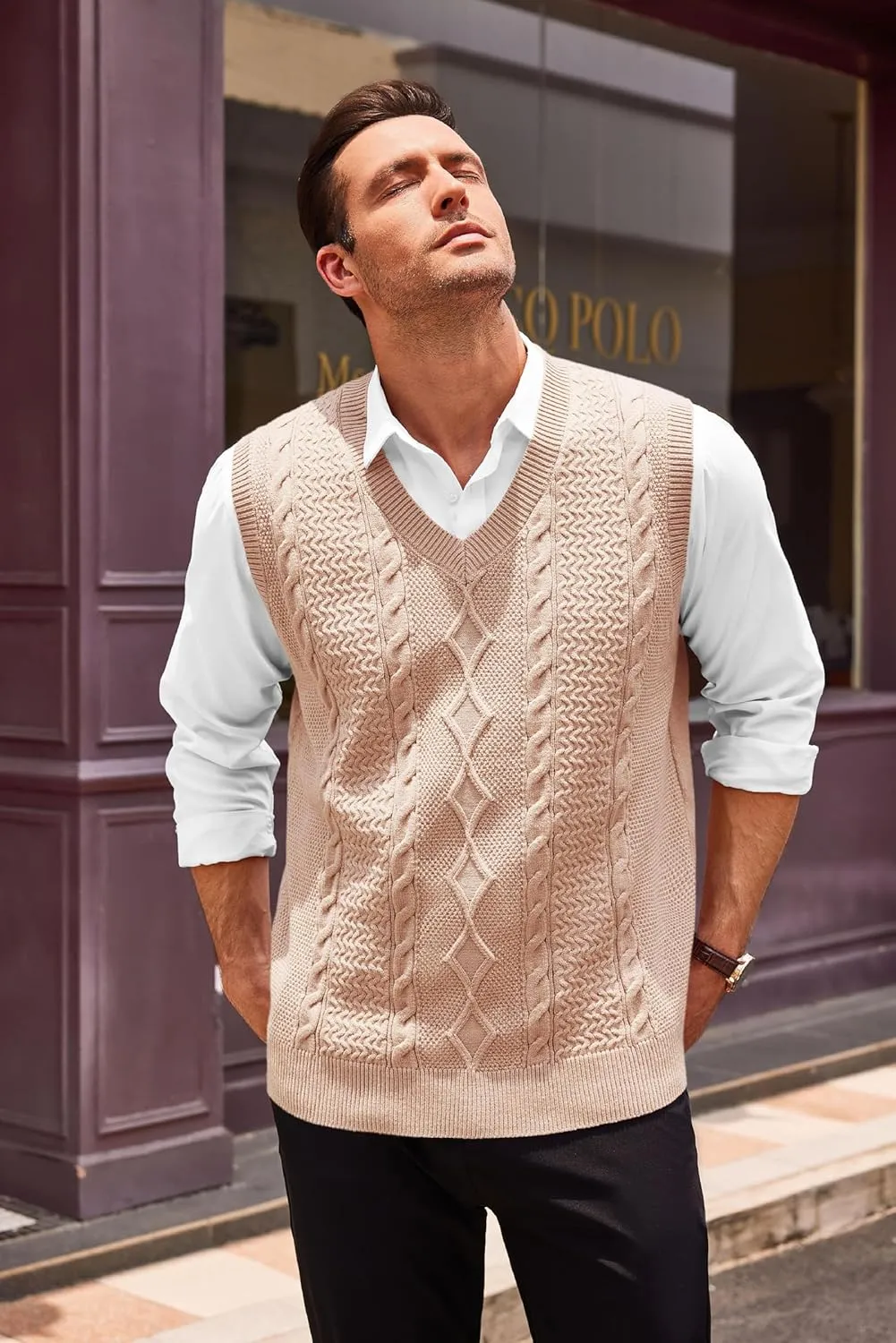 Runcati Mens V Neck Sweater Vest Casual Cable Knitted Pullover Knitwear Slim Fit Sleeveless Sweaters