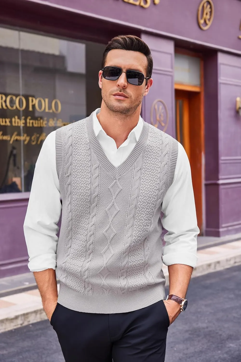 Runcati Mens V Neck Sweater Vest Casual Cable Knitted Pullover Knitwear Slim Fit Sleeveless Sweaters