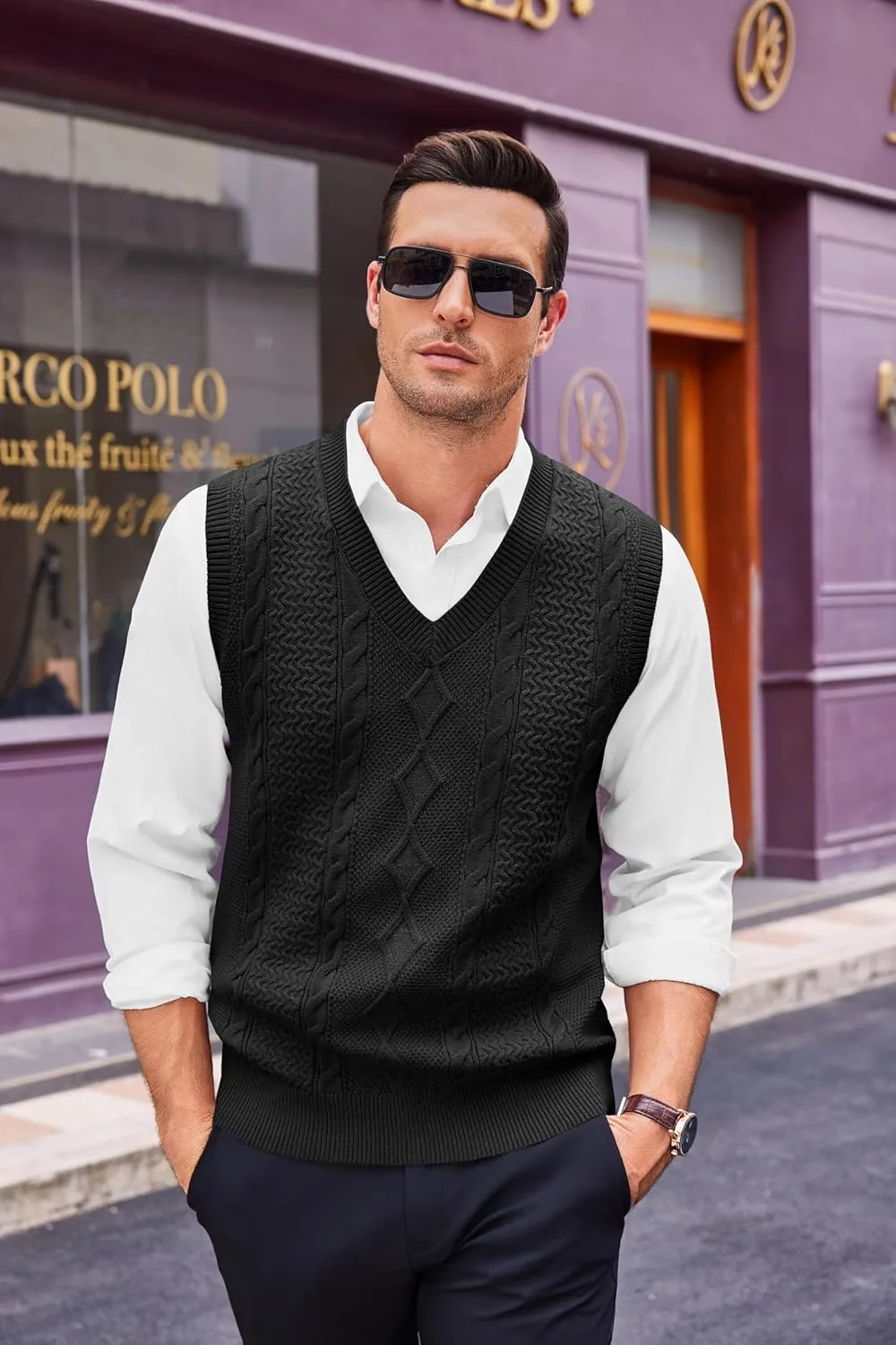 Runcati Mens V Neck Sweater Vest Casual Cable Knitted Pullover Knitwear Slim Fit Sleeveless Sweaters