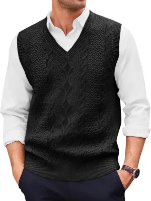 Runcati Mens V Neck Sweater Vest Casual Cable Knitted Pullover Knitwear Slim Fit Sleeveless Sweaters