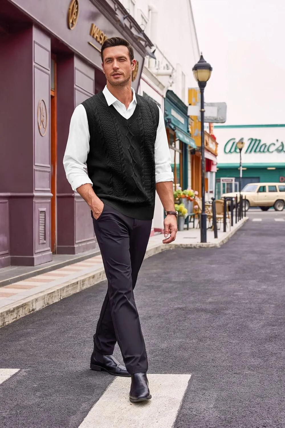 Runcati Mens V Neck Sweater Vest Casual Cable Knitted Pullover Knitwear Slim Fit Sleeveless Sweaters