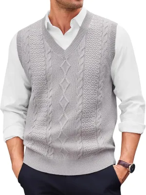 Runcati Mens V Neck Sweater Vest Casual Cable Knitted Pullover Knitwear Slim Fit Sleeveless Sweaters