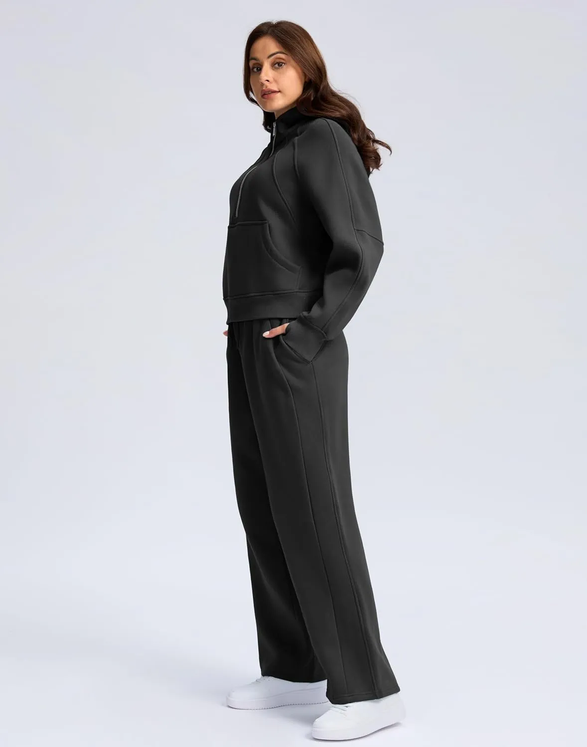 SANTINY Womens Sweatsuits 2 piece Set Fleece Lined Hoodies Crop Sweatshirt Winter Lounge Sets Wide Leg Sweatpants