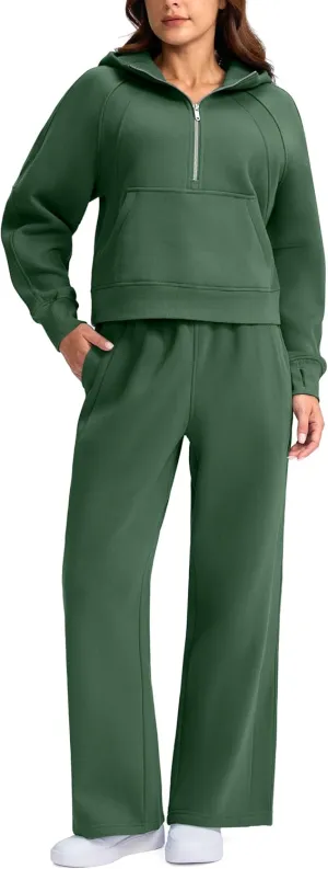 SANTINY Womens Sweatsuits 2 piece Set Fleece Lined Hoodies Crop Sweatshirt Winter Lounge Sets Wide Leg Sweatpants