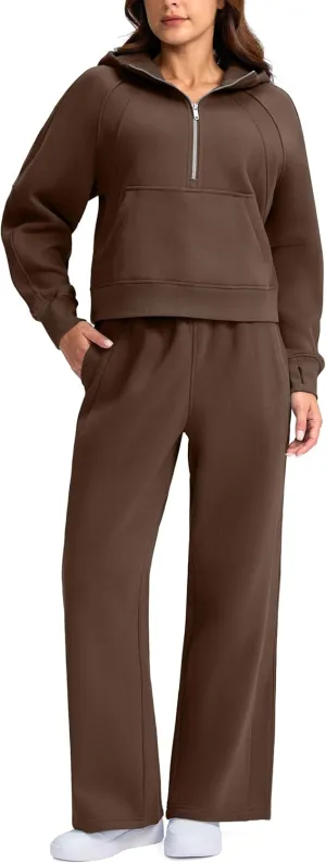 SANTINY Womens Sweatsuits 2 piece Set Fleece Lined Hoodies Crop Sweatshirt Winter Lounge Sets Wide Leg Sweatpants