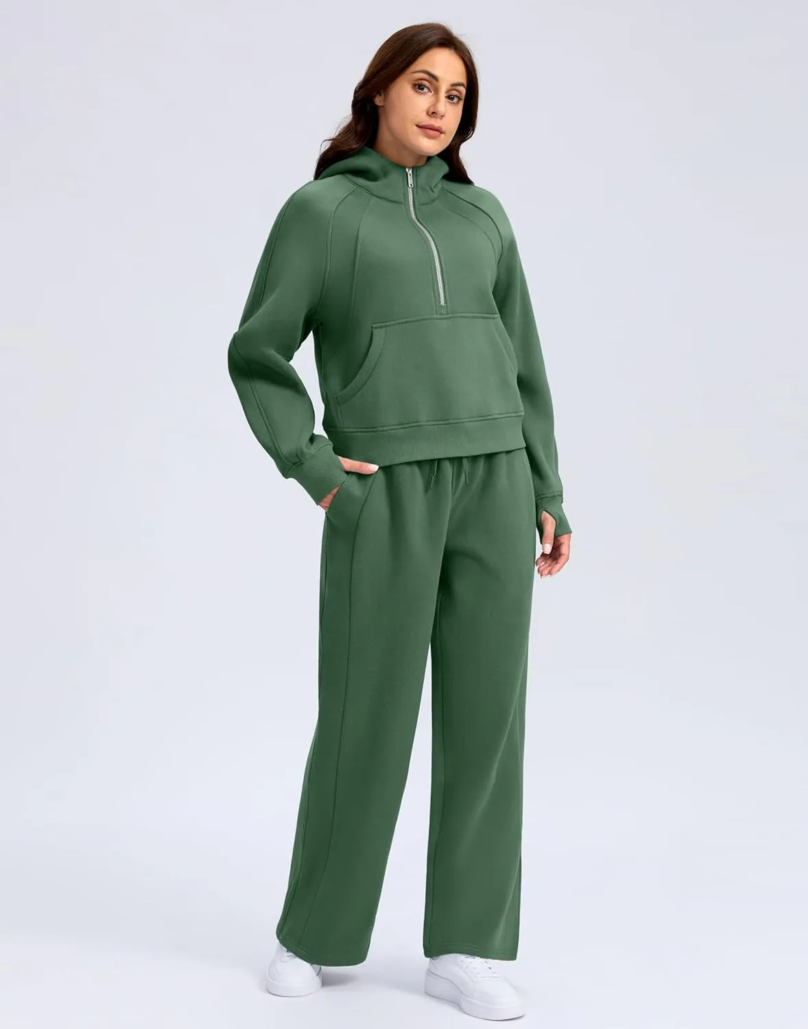 SANTINY Womens Sweatsuits 2 piece Set Fleece Lined Hoodies Crop Sweatshirt Winter Lounge Sets Wide Leg Sweatpants